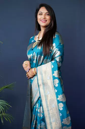 Women's Teal Handloom Faux Banarasi Silk Zari Woven Saree with Blouse