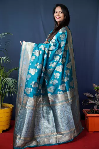 Women's Teal Handloom Faux Banarasi Silk Zari Woven Saree with Blouse
