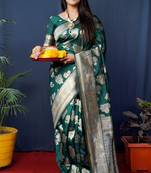 Women's Bottle Green Handloom Faux Banarasi Silk Zari Woven Saree with Blouse