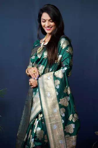 Women's Bottle Green Handloom Faux Banarasi Silk Zari Woven Saree with Blouse