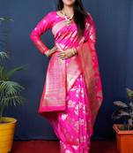 Women's Pink Handloom Faux Banarasi Silk Zari Woven Saree with Blouse