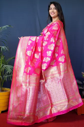 Women's Pink Handloom Faux Banarasi Silk Zari Woven Saree with Blouse