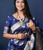 Women's Navy Blue Handloom Faux Banarasi Silk Zari Woven Saree with Blouse