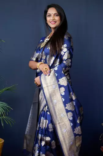 Women's Navy Blue Handloom Faux Banarasi Silk Zari Woven Saree with Blouse