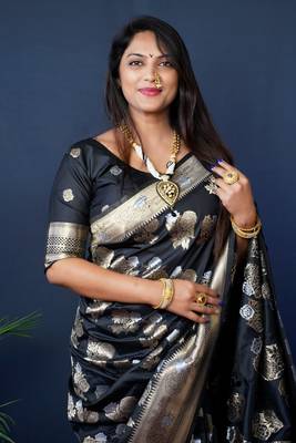 Women's Black Handloom Faux Banarasi Silk Zari Woven Saree with Blouse 2