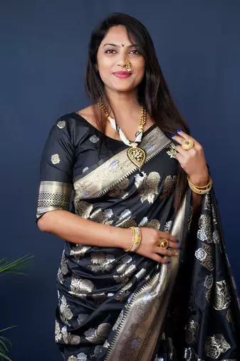 Women's Black Handloom Faux Banarasi Silk Zari Woven Saree with Blouse