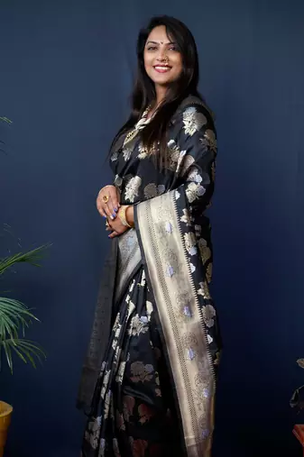 Women's Black Handloom Faux Banarasi Silk Zari Woven Saree with Blouse