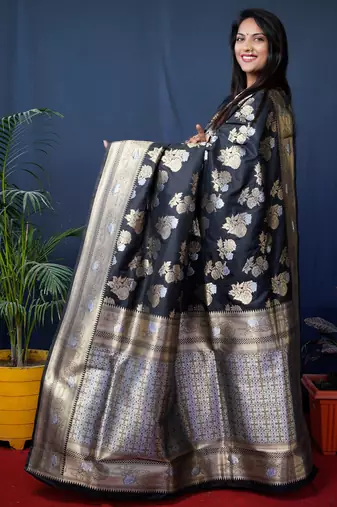 Women's Black Handloom Faux Banarasi Silk Zari Woven Saree with Blouse