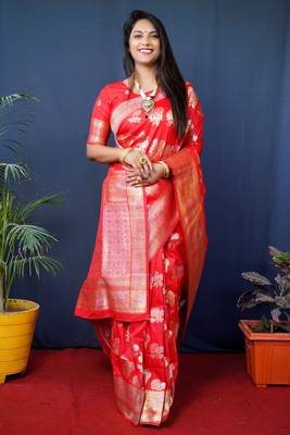 Women's Red Handloom Faux Banarasi Silk Zari Woven Saree with Blouse 1