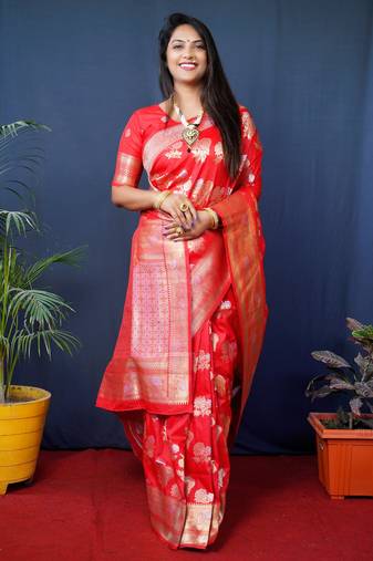 Women's Red Handloom Faux Banarasi Silk Zari Woven Saree with Blouse