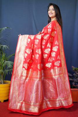 Women's Red Handloom Faux Banarasi Silk Zari Woven Saree with Blouse 4