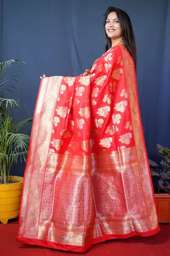 Women's Red Handloom Faux Banarasi Silk Zari Woven Saree with Blouse