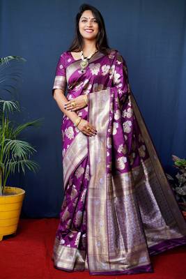Women's Wine Handloom Faux Banarasi Silk Zari Woven Saree with Blouse 1