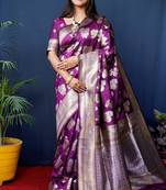 Women's Wine Handloom Faux Banarasi Silk Zari Woven Saree with Blouse