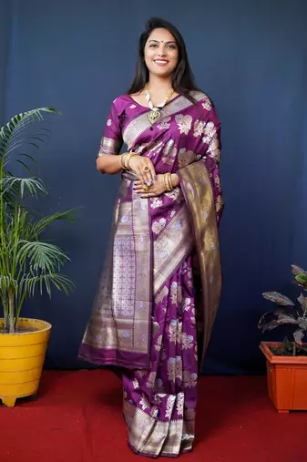 Women's Wine Handloom Faux Banarasi Silk Zari Woven Saree with Blouse