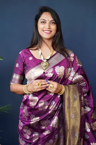 Women's Wine Handloom Faux Banarasi Silk Zari Woven Saree with Blouse