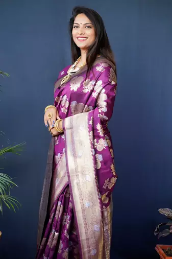 Women's Wine Handloom Faux Banarasi Silk Zari Woven Saree with Blouse