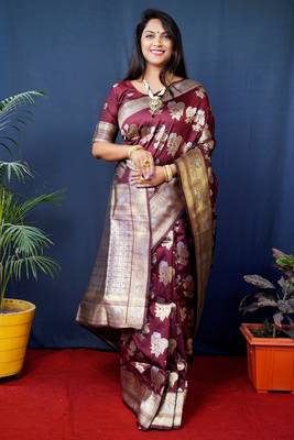 Women's Maroon Handloom Faux Banarasi Silk Zari Woven Saree with Blouse 1