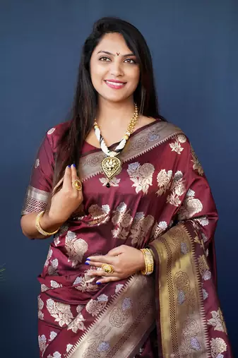 Women's Maroon Handloom Faux Banarasi Silk Zari Woven Saree with Blouse