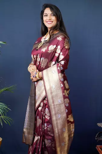 Women's Maroon Handloom Faux Banarasi Silk Zari Woven Saree with Blouse
