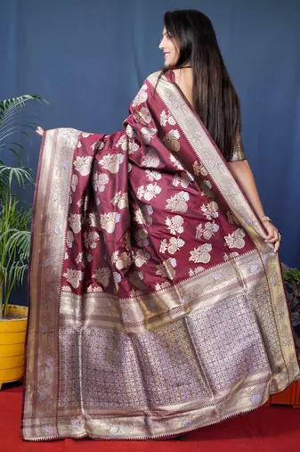 Women's Maroon Handloom Faux Banarasi Silk Zari Woven Saree with Blouse