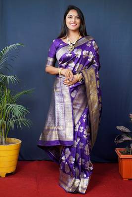 Women's Purple Handloom Faux Banarasi Silk Zari Woven Saree with Blouse 1