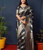 Women's Black Handloom Faux Banarasi Silk Zari Woven Saree with Blouse