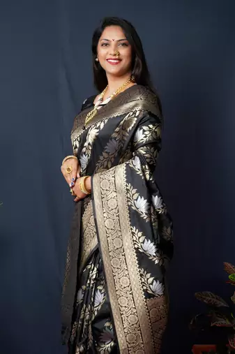 Women's Black Handloom Faux Banarasi Silk Zari Woven Saree with Blouse