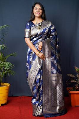 Women's Navy Blue Handloom Faux Banarasi Silk Zari Woven Saree with Blouse 1