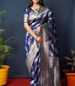 Women's Navy Blue Handloom Faux Banarasi Silk Zari Woven Saree with Blouse