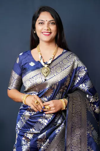 Women's Navy Blue Handloom Faux Banarasi Silk Zari Woven Saree with Blouse