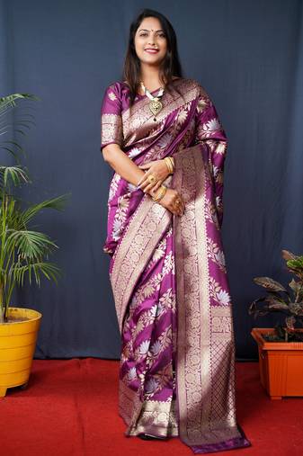 Women's Wine Handloom Faux Banarasi Silk Zari Woven Saree with Blouse