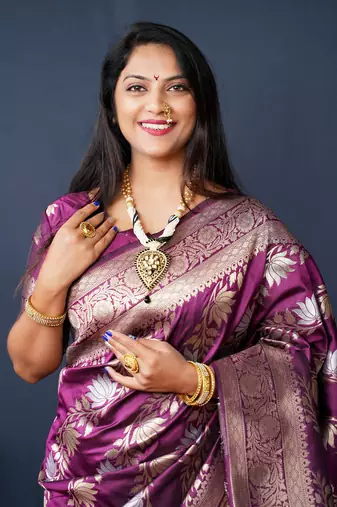 Women's Wine Handloom Faux Banarasi Silk Zari Woven Saree with Blouse