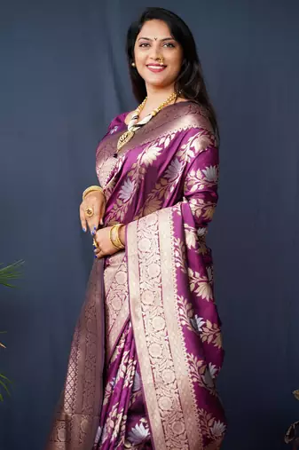 Women's Wine Handloom Faux Banarasi Silk Zari Woven Saree with Blouse