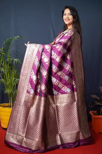 Women's Wine Handloom Faux Banarasi Silk Zari Woven Saree with Blouse