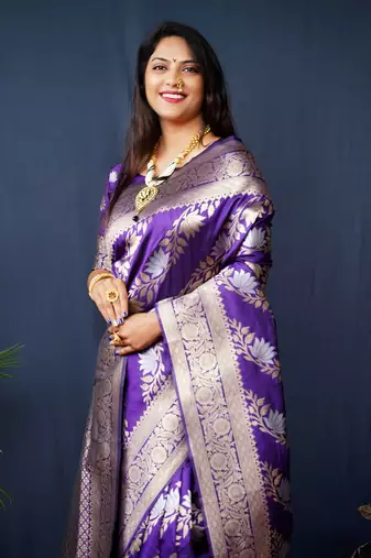 Women's Purple Handloom Faux Banarasi Silk Zari Woven Saree with Blouse