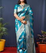 Women's Teal Handloom Faux Banarasi Silk Zari Woven Saree with Blouse