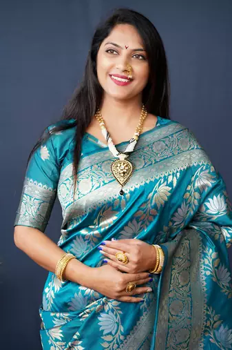 Women's Teal Handloom Faux Banarasi Silk Zari Woven Saree with Blouse