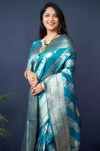 Women's Teal Handloom Faux Banarasi Silk Zari Woven Saree with Blouse