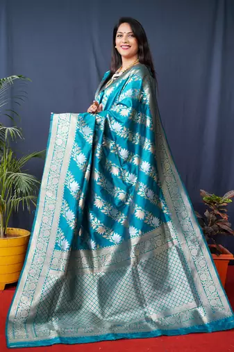 Women's Teal Handloom Faux Banarasi Silk Zari Woven Saree with Blouse