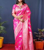 Women's Pink Handloom Faux Banarasi Silk Zari Woven Saree with Blouse
