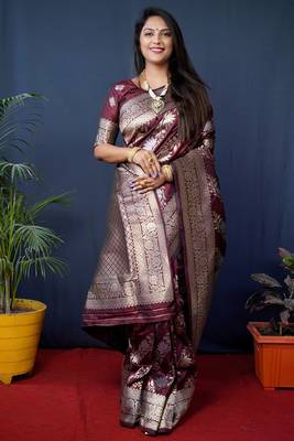 Women's Maroon Handloom Faux Banarasi Silk Zari Woven Saree with Blouse 1