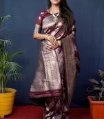 Women's Maroon Handloom Faux Banarasi Silk Zari Woven Saree with Blouse