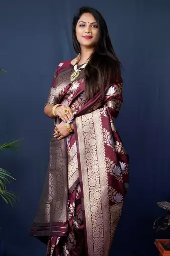Women's Maroon Handloom Faux Banarasi Silk Zari Woven Saree with Blouse