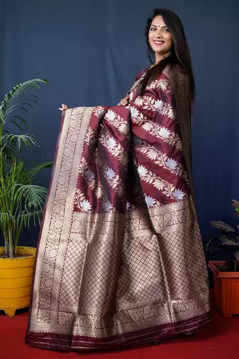 Women's Maroon Handloom Faux Banarasi Silk Zari Woven Saree with Blouse