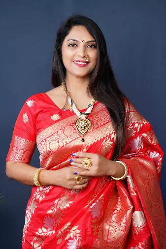 Women's Red Handloom Faux Banarasi Silk Zari Woven Saree with Blouse