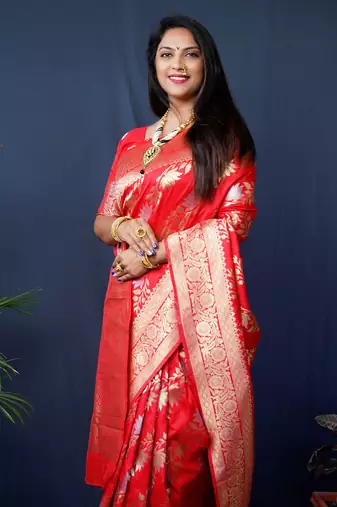 Women's Red Handloom Faux Banarasi Silk Zari Woven Saree with Blouse