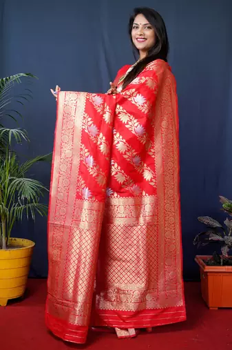 Women's Red Handloom Faux Banarasi Silk Zari Woven Saree with Blouse