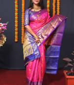 Women's Pink Faux Kanchipuram Silk Zari Woven Saree with Blouse