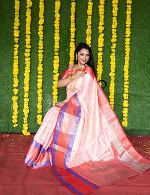Women's Peach Faux Kanchipuram Silk Zari Woven Saree with Blouse 1